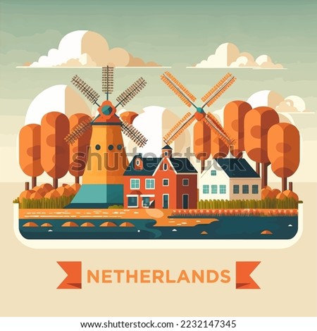 Illustration of Amsterdam Netherlands Travel destination house city landmark icon vector flat color design