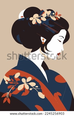 illustration of portrait japanese geisha in kimono, japan woman in traditional floral vector style wall art print decor