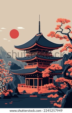 Illustration japan temple or asian pagoda, japanese traditional landmark with cherry blossom tree Mount Fuji vector design poster flayer template
