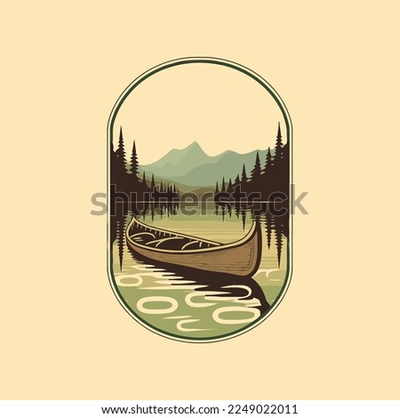 vector canoe mountain lake adventure badge logo vintage style, icon symbol