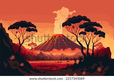 illustration of Volcanic eruption in flat vector cartoon style. Landscape with volcano.