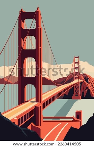 famous Golden Gate Bridge, San Francisco vector flat color illustration for wall art print poster