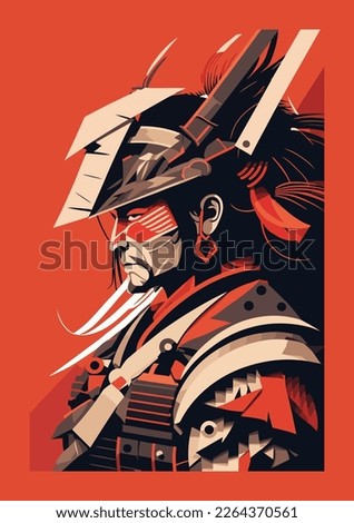 Samurai warrior with sword and helmet. flat color Vector illustration in retro style.