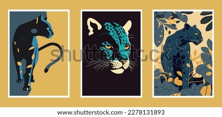 Set of hand drawn vector illustrations of leopard, jaguar, panther. wall art print poster