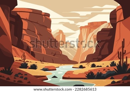 Canyon with a river running through it. Desert landscape with cactus and river. Vector cartoon illustration