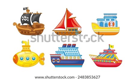 Set of water transport in children's cartoon style on a white background.