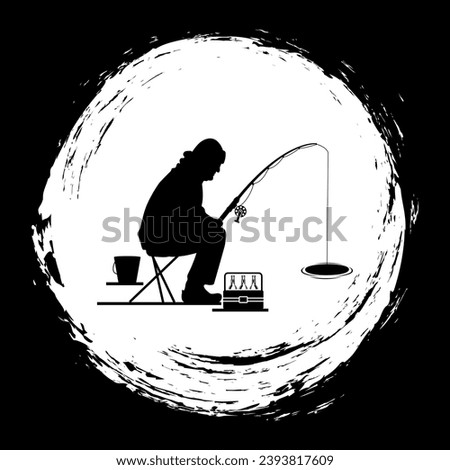 old man ice fishing silhouette, ice fishing t-shirt design