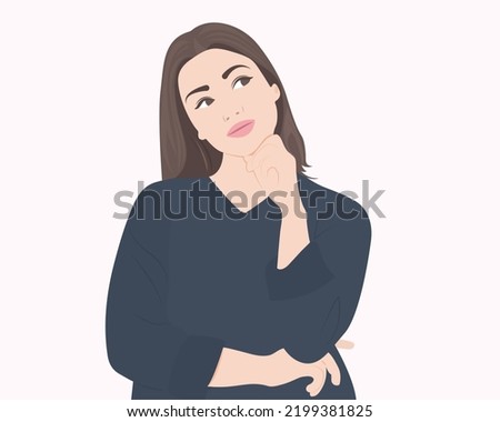 Contemplative woman holding her chin with her hand to show a thought or trouble. Vector illustration.