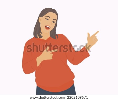 Beautiful woman in a good mood pointing her finger to the right, showing a happy or excited gesture. Vector illustration.