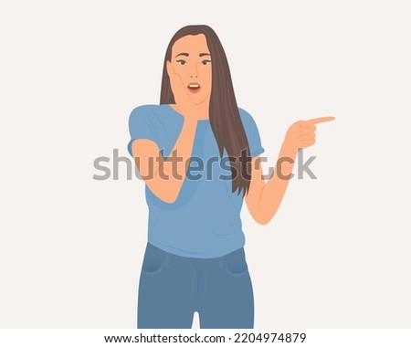 A beautiful girl in a good mood pointing her finger to the right, showing a happy or excited expression. Vector illustration.