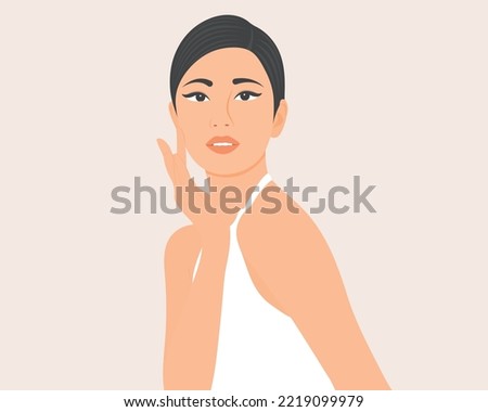 Beautiful skinned woman who takes care of her face and maintains good health. Vector illustration.