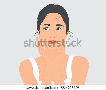 A young woman with beautiful skin, gentle and happy life. Healthy. Healthcare concept vector illustration.