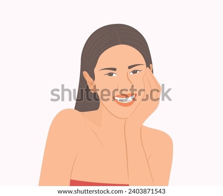 Young woman with long hair smiles happily with clear skin.Vector illustration.