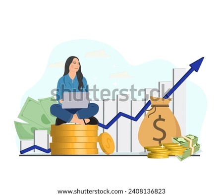 Beautiful young woman with long hair is sitting and working on her laptop making money with online business.Vector illustration.