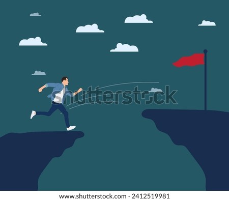 Determined young man running to jump off a steep cliff to conquer victory or finish line goal. Success concept vector illustration.