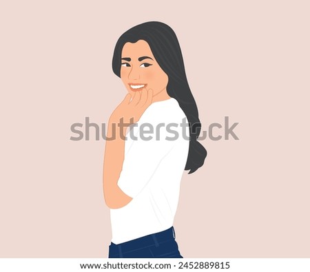 A young woman with long hair is smiling happily with a cheerful mood. Vector illustration.