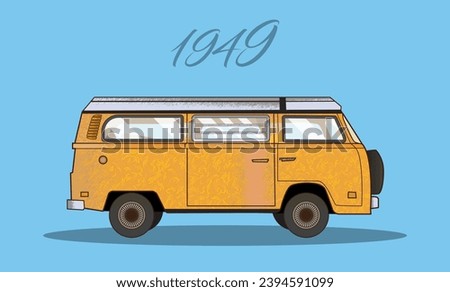 old van 1949 yellow color vehicle with blue background classic car