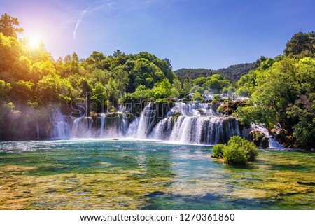 Similar – Image, Stock Photo Lake flowing near green trees