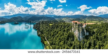 Similar – Image, Stock Photo Aerial view of Bled island on lake Bled, and Bled castle and mountains in background, Slovenia.