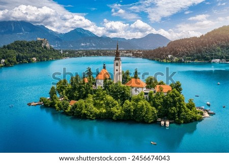 Similar – Image, Stock Photo Lake Bled and island with church and castle on the rock in the background in summer, Slovenia, Europe