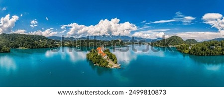 Similar – Image, Stock Photo Lake Bled and island with church and castle on the rock in the background in summer, Slovenia, Europe