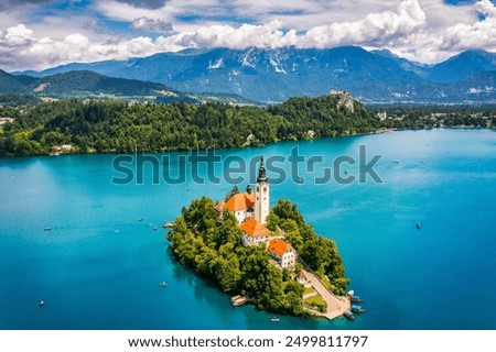 Image, Stock Photo Lake Bled and island with church and castle on the rock in the background in summer, Slovenia, Europe