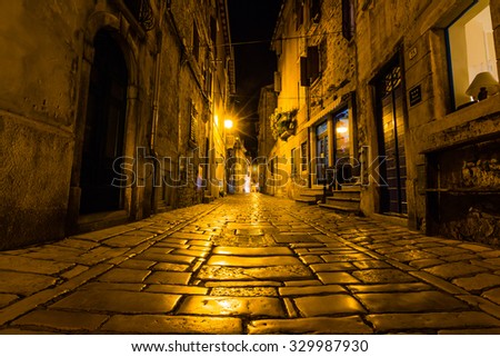 Narrow street in night of old town of Rovinj, Croatia