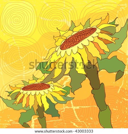 Yellow-orange flowers of the sunflower with green leaves on aged, bright yellow, color, contour background with texture\
\
and sun