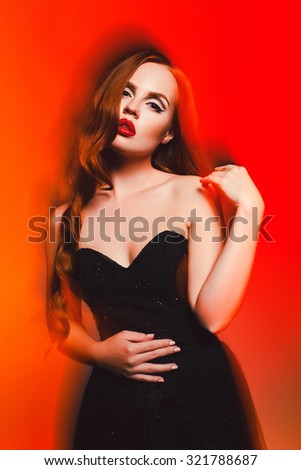 fashion girl with red lips mixed light red background
