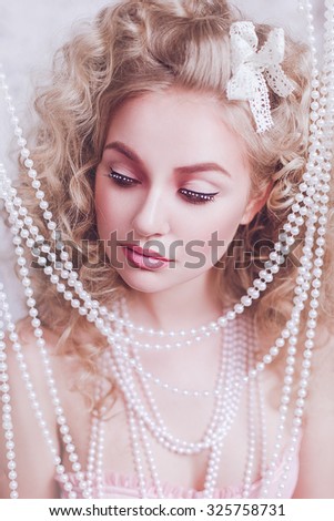 Cute doll fashion woman portrait on white background