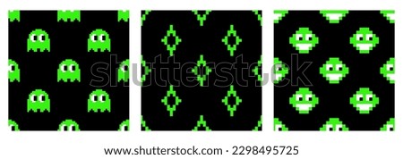 Set of acid seamless patterns in green. Pac man pattern, emoticon, star. Vector patterns on a black background in trendy Y2K style, 90s.