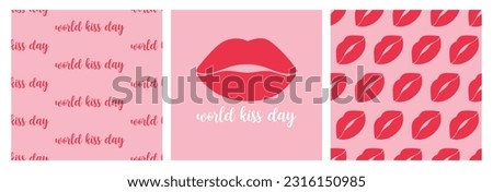 World kiss day, postcard and seamless patterns. Vector backgrounds set.
