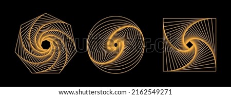 Set of 3D twisted gold spirals. Geometry tunnel with lines. Abstract technology circle, square and heptagon. Vector illustration.