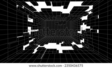 Digital black destroyed tunnel with holes. Wireframe grid box, network connection technology. Futuristic portal pattern. Vector illustration.