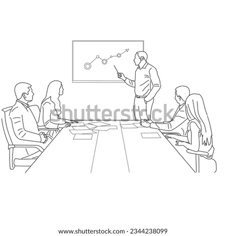 Vector business meeting discussion between worker in cafe round table cartoon Line art. Business training and presentation concept. continuous line drawing of office workers at business meeting