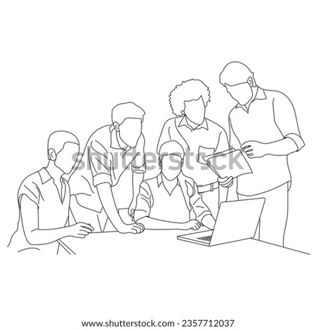 Vector business meeting discussion between workers in cafe round table cartoon Line art