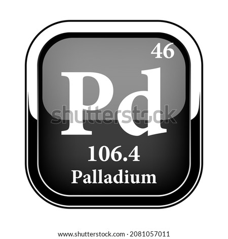 Palladium symbol.Chemical element of the periodic table on a glossy black background in a silver frame.Vector illustration.