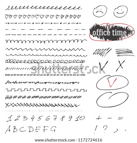 Lines, underlines, patterns, numbers and other elements drawn by hand. Elements from the diary of an office worker. Vector illustration.