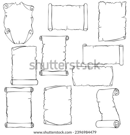 Set of scroll old papyrus papers. Ancient scroll with copy space. Vector illustrations in hand drawn sketch style isolated on white. Black outline graphics. Banner parchment with space for text