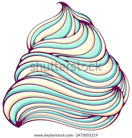 Striped green yellow soft ice cream or whipped cream swirl. Decoration for pie food or cupcake. Vector illustration of dessert in cartoon flat style isolated on white.