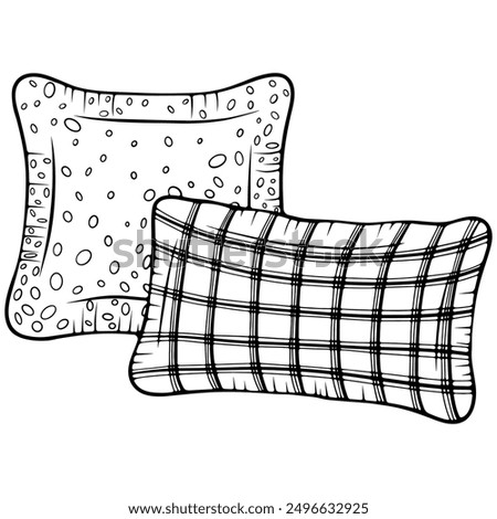 Two pillows square and rectangular. Cozy autumn, winter home decor. Vector illustrations in hand drawn sketch style isolated on white. Black outline graphic for print, coloring book