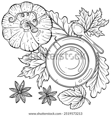 Autumn composition with pumpkin, cup of tea or coffee, fallen leaves top view. Cozy autumn decor. Vector illustration in hand drawn sketch style. Line art isolated on white for coloring book, print