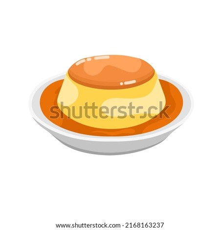 Vector illustration of caramel custard pudding. Pudding design in a plate made of eggs, milk and sugar. It is perfect for a sweet dessert. Isolated on a white background.