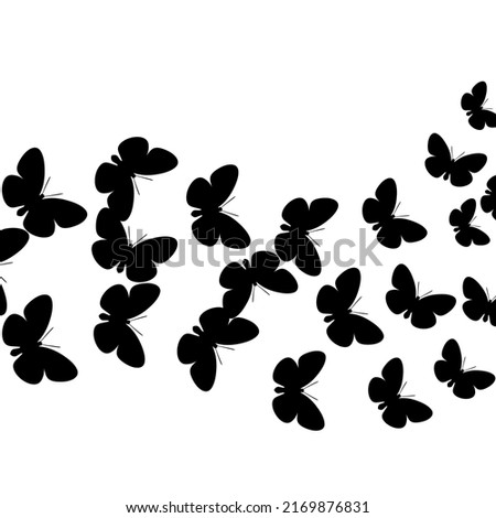 Vector illustration of black butterfly group silhouette. Fly with the herd. Isolated on a white background.