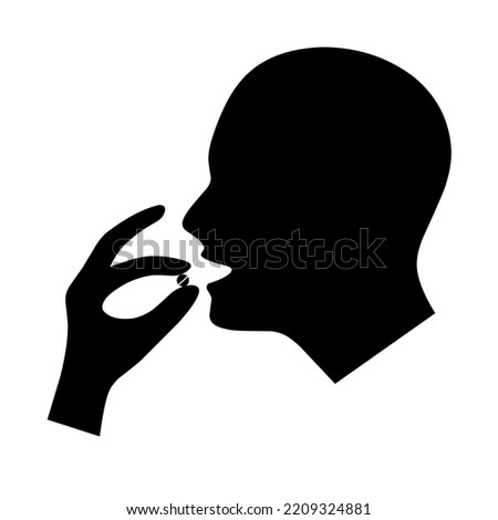 Take the medicinal pill icon. Head with mouth open and hands holding circular pills. Isolated on a white background. Vector illustration