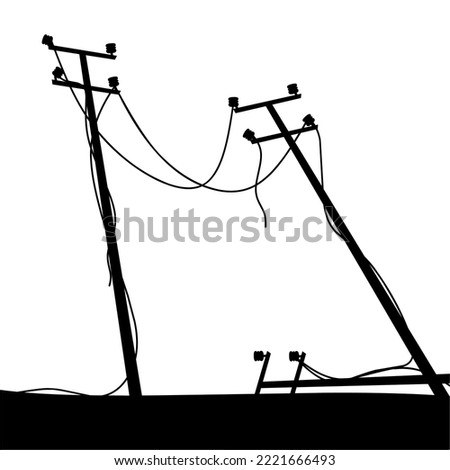 Vector illustration of a power pole collapsing due to a natural disaster. The tower is broken on the side of the road. Isolated on a white background. Great for disaster logos. Vector illustration