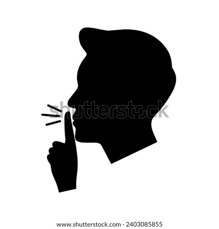 Please be quiet and calm. Shhh gesture icon with man's black face and hands. Finger covering mouth on white background. Vector silhouette.