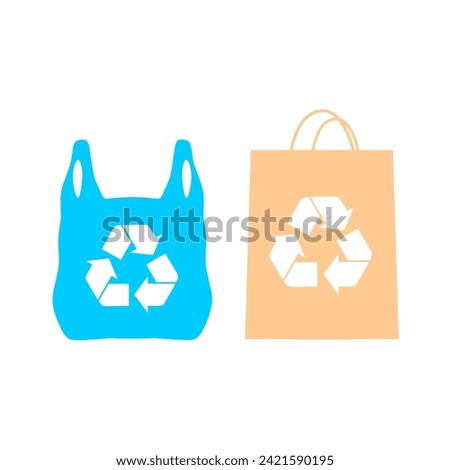 Plastic bag and paper bag with recycling sign isolated on white background. Reusable ecological preservation concept. Vector illustration