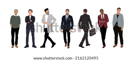 Business men in different poses, walking and standing, wearing formal suits and smart casual outfit, front, side and back view. Multiracial business team. Set of people isolated on white background.