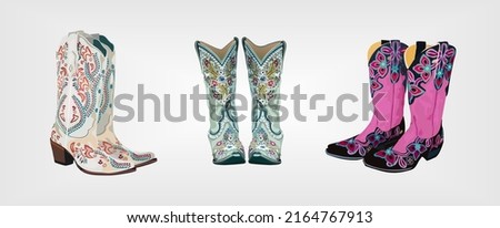 Set of different cowgirl boots - white, turquoise and purple.  Traditional western cowboy boots decorated with embroidered floral ornament. Realistic vector art illustrations isolated.